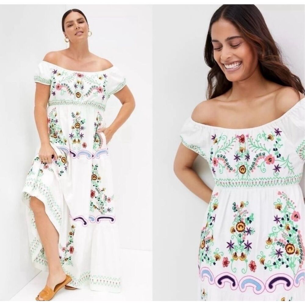 Anthropologie White Floral Embroidered Off-the-Shoulder Maxi Dress